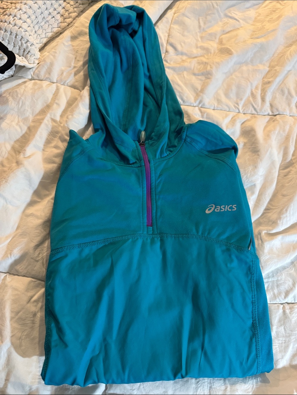 ASICS Teal Hooded Half-Zip Pullover with Purple Zip